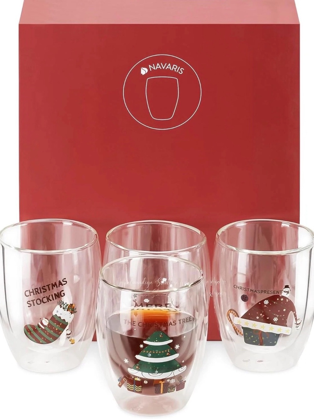 New Set of 8 Double Walled Glass Mugs Christmas Design